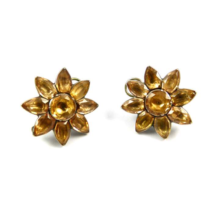 Pair of 18th century Portuguese topaz eight petal flower cluster earrings, close set in silver